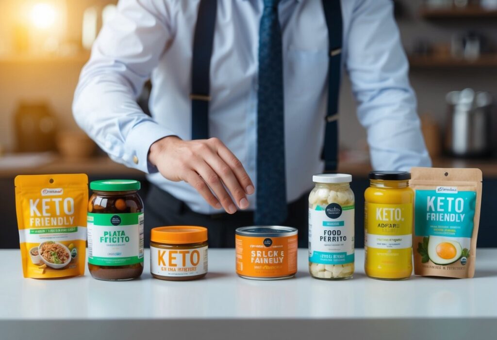Person confused looking at a food label, surrounded by supposedly "keto-friendly" products. he is looking for hidden carbs on keto.