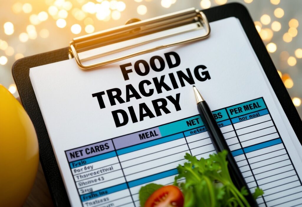 Close-up of a food tracking app showing net carbs per meal.