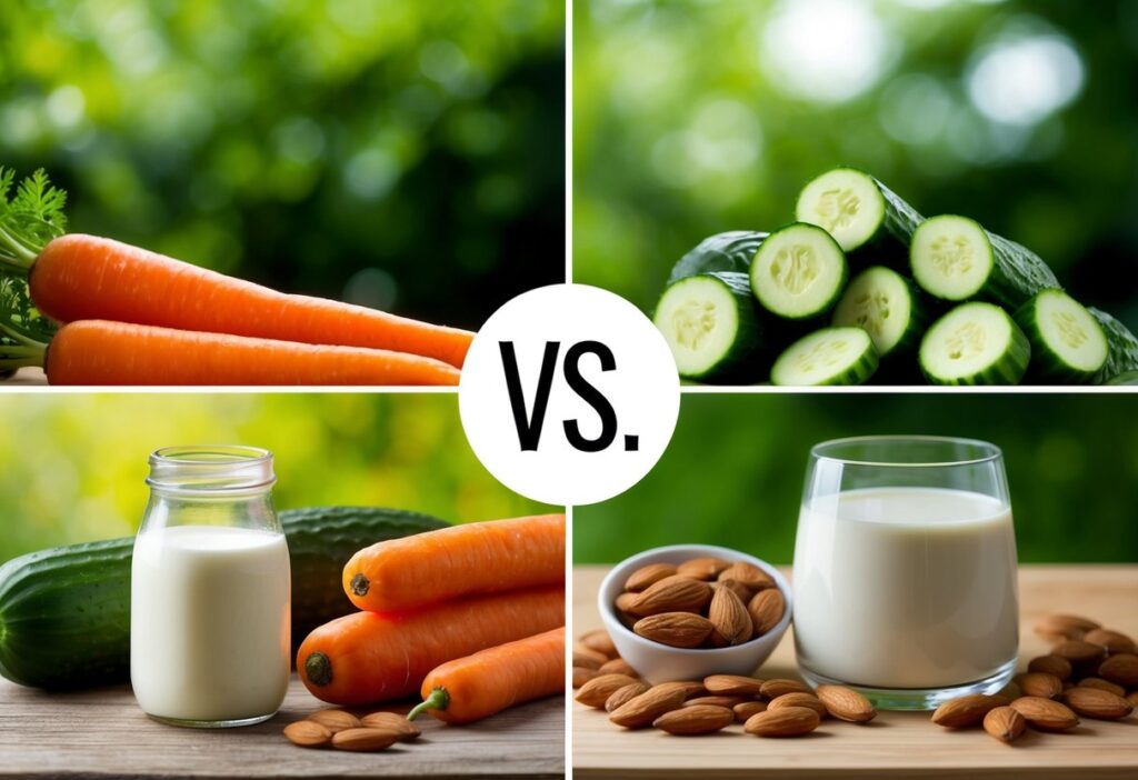 Side-by-side comparison of innocent-looking foods with and without high carb counts (e.g., carrots vs. cucumbers, milk vs. almond milk).