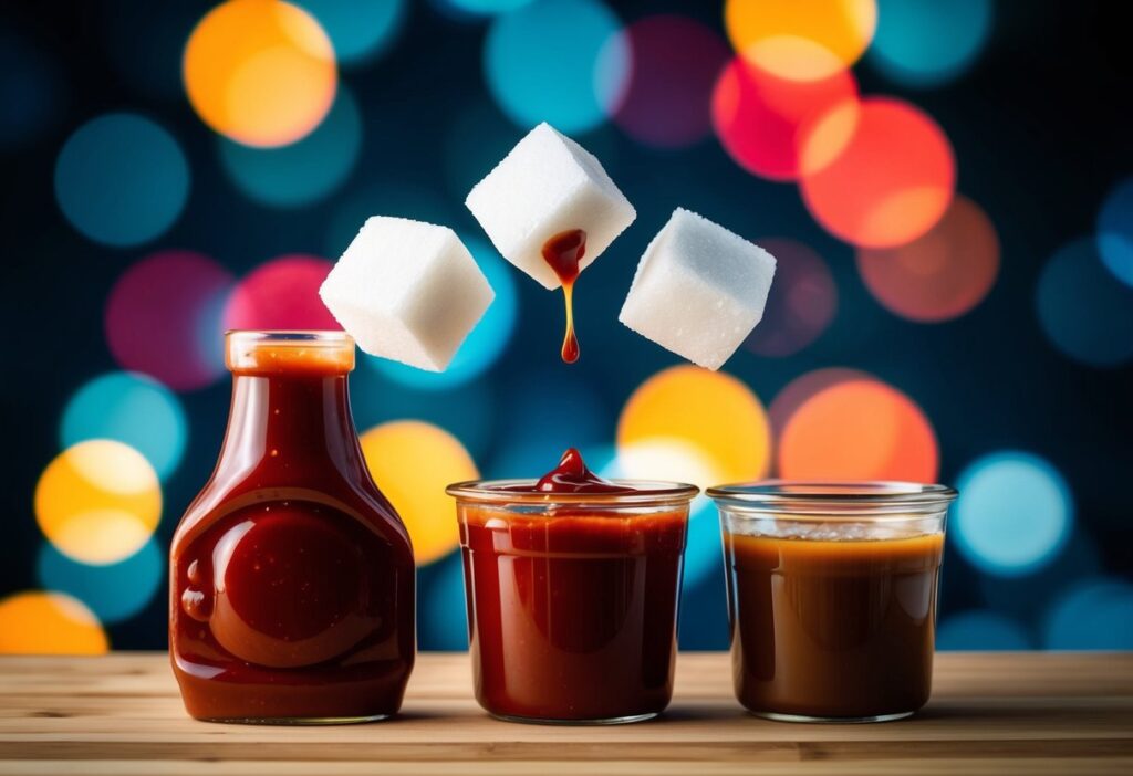 BBQ sauce, ketchup, teriyaki sauce, with sugar cubes hovering over them for effect.
