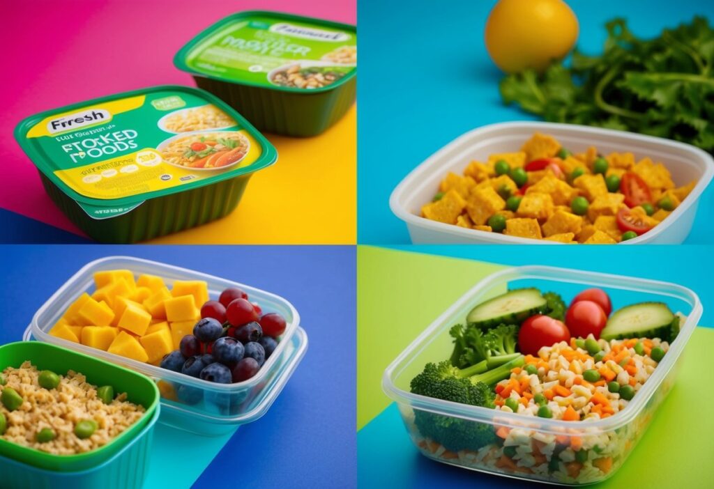 Ultra-processed packaged foods vs. fresh meal prep containers.