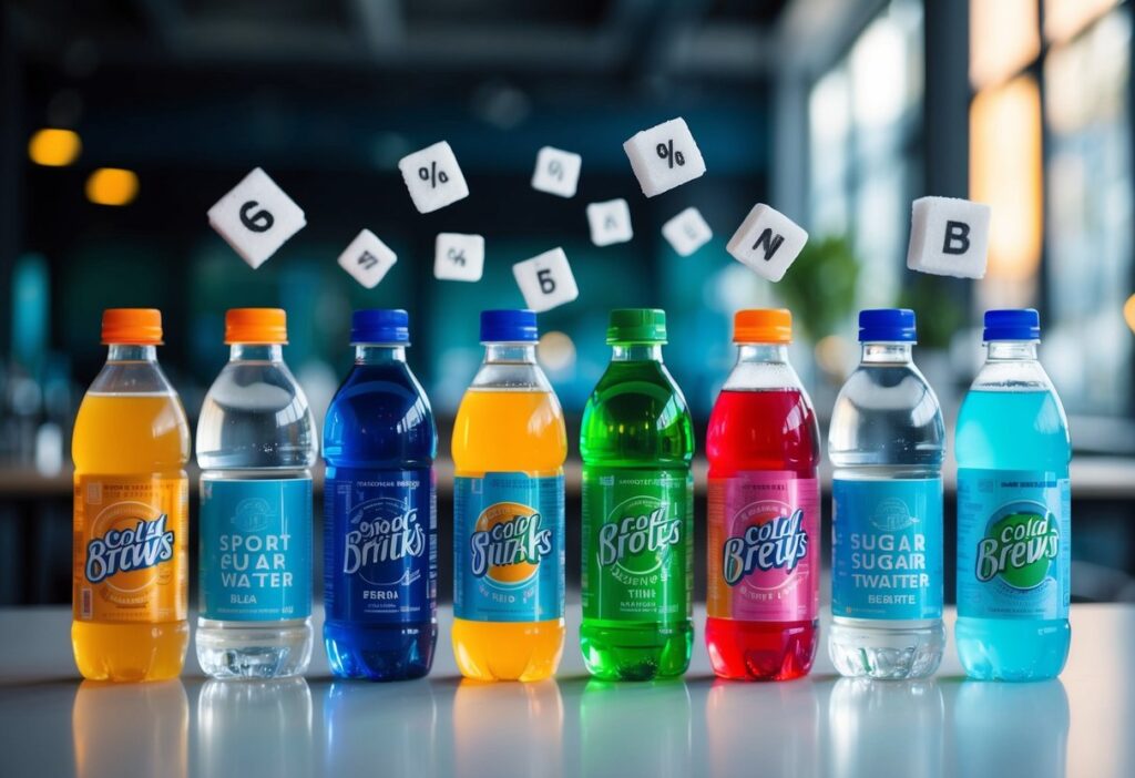 Bottles of flavored water, sports drinks, and cold brews with sugar symbols floating over them.