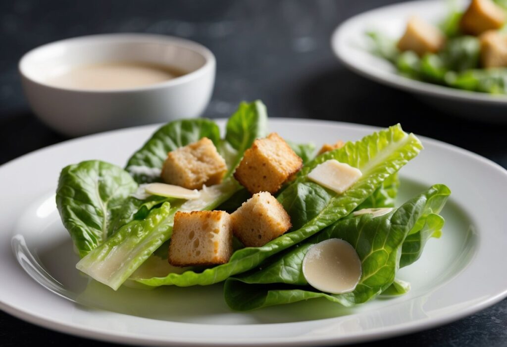 Restaurant dish (like Caesar salad) showing ingredients and sneaky sources like dressing or croutons. this can be hidden carbs on keto.