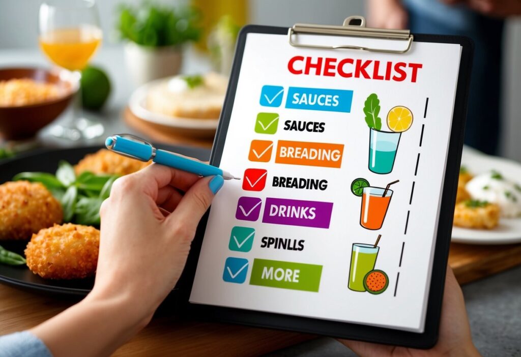 Illustrated checklist with icons (sauces, breading, drinks, etc.).
