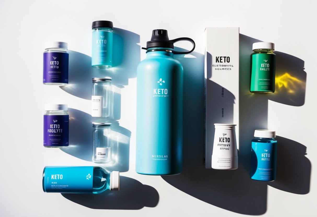Flat lay of keto-friendly electrolyte sources including Himalayan salt, spinach, avocado, salmon, and electrolyte drink packets, placed on a clean white background with bright natural lighting. Include minimalist labels and a fitness water bottle in frame.