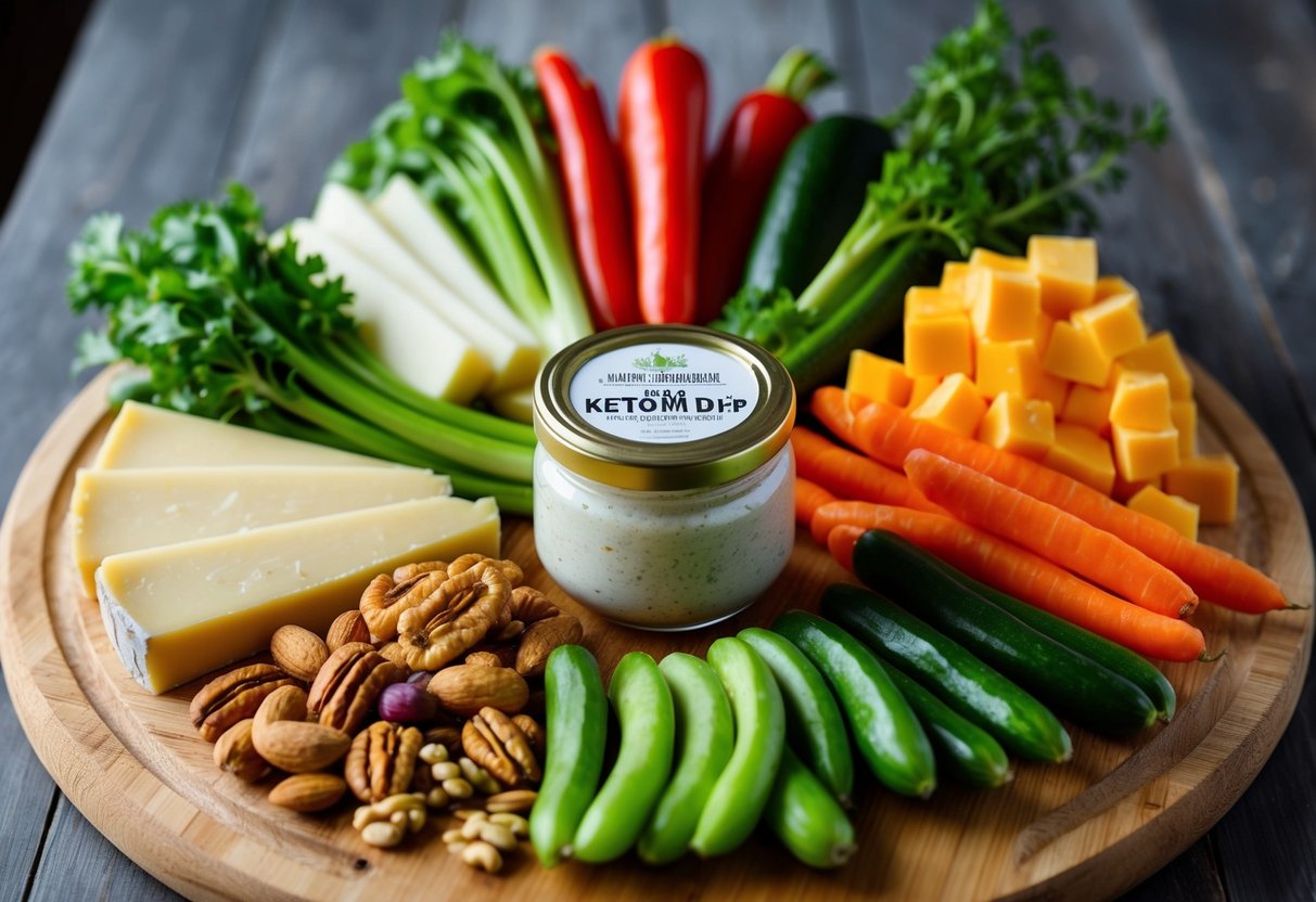 A colorful array of fresh vegetables, nuts, and cheese arranged on a wooden cutting board, with a jar of homemade keto-friendly dip in the center