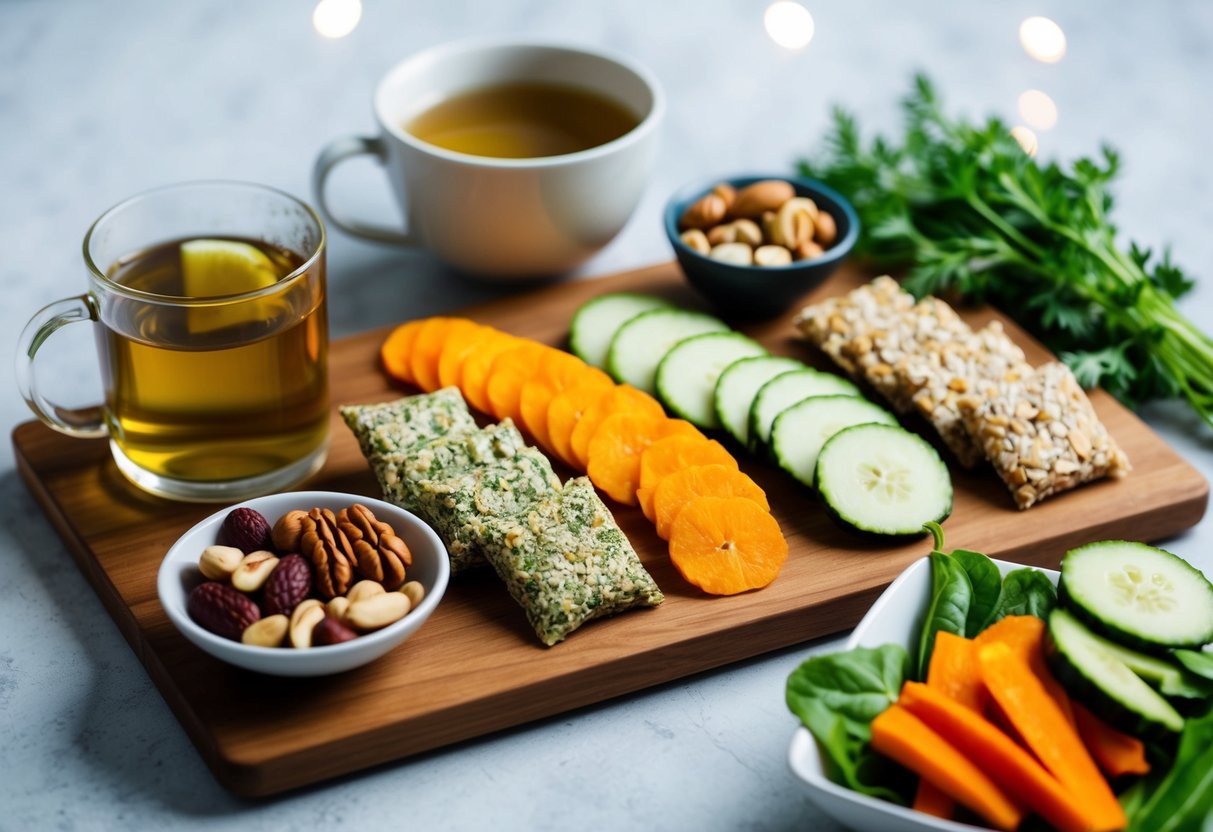 A variety of clean keto snacks arranged neatly on a wooden cutting board with a cup of herbal tea, a small bowl of mixed nuts, and sliced vegetables