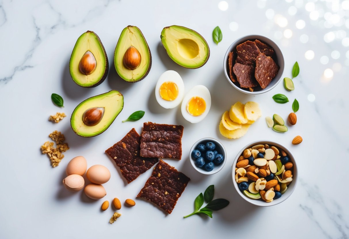 Flat lay of clean keto snack options on a white background — includes avocado halves, hard-boiled eggs, beef jerky, nuts and seeds, fresh berries, and keto chocolate. Natural lighting, minimalist style, high resolution.