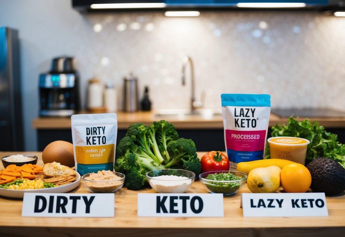 A table with a variety of food options, including both high-quality and processed items. Some items are labeled "Dirty Keto" while others are labeled "Lazy Keto."