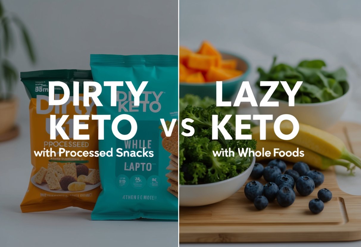A split image showing “Dirty Keto vs Lazy Keto” – one side with processed keto snacks (bars, soda, pork rinds), the other side with whole foods (avocados, eggs, grilled chicken). Clear text overlay: “Dirty Keto vs Lazy Keto – What’s the Difference?” Bright, clean, health-focused theme with a white background and teal accents.