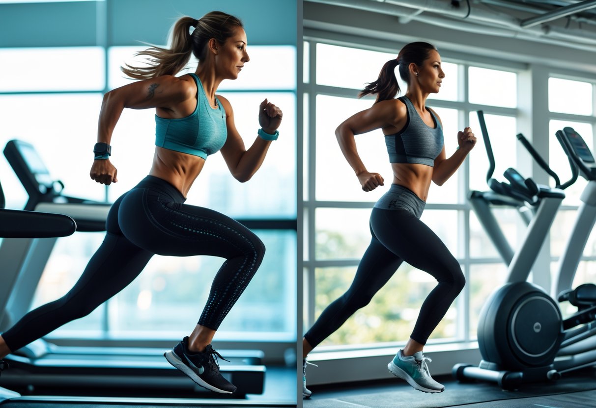 Two women exercising side by side in a gym, one sprinting intensely on a treadmill and the other jogging steadily on a treadmill.