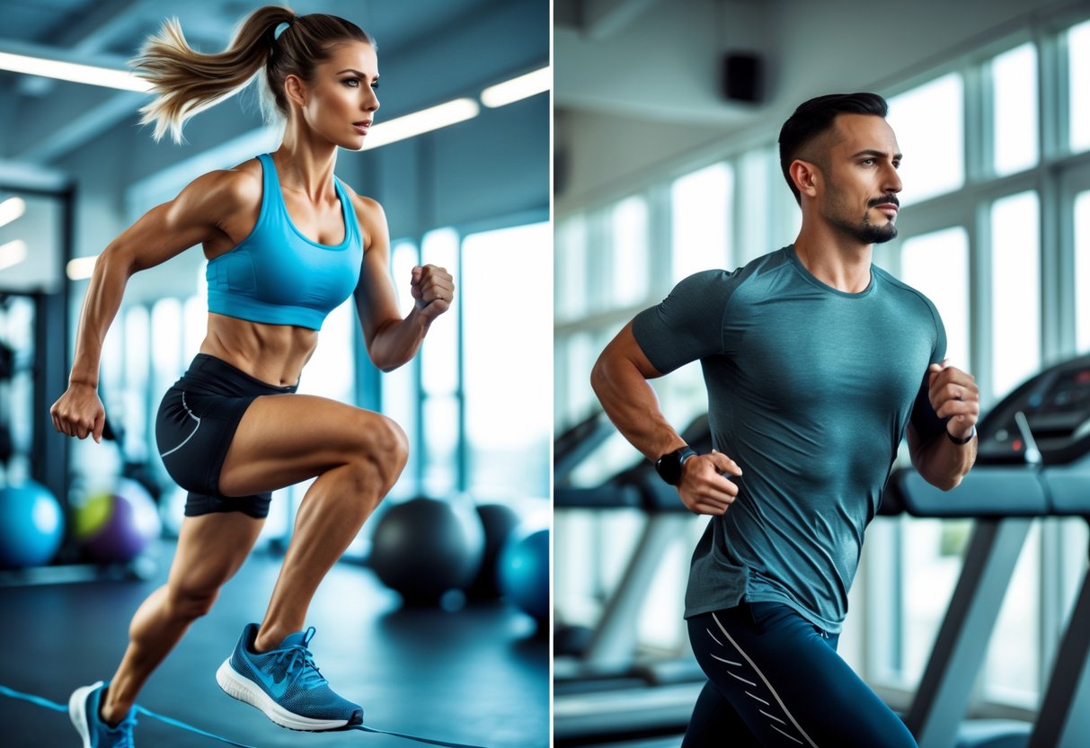 Image of HIIT vs steady-state cardio, show a split image showing a woman doing high-intensity interval training exercises on one side and a man jogging steadily on the other side.