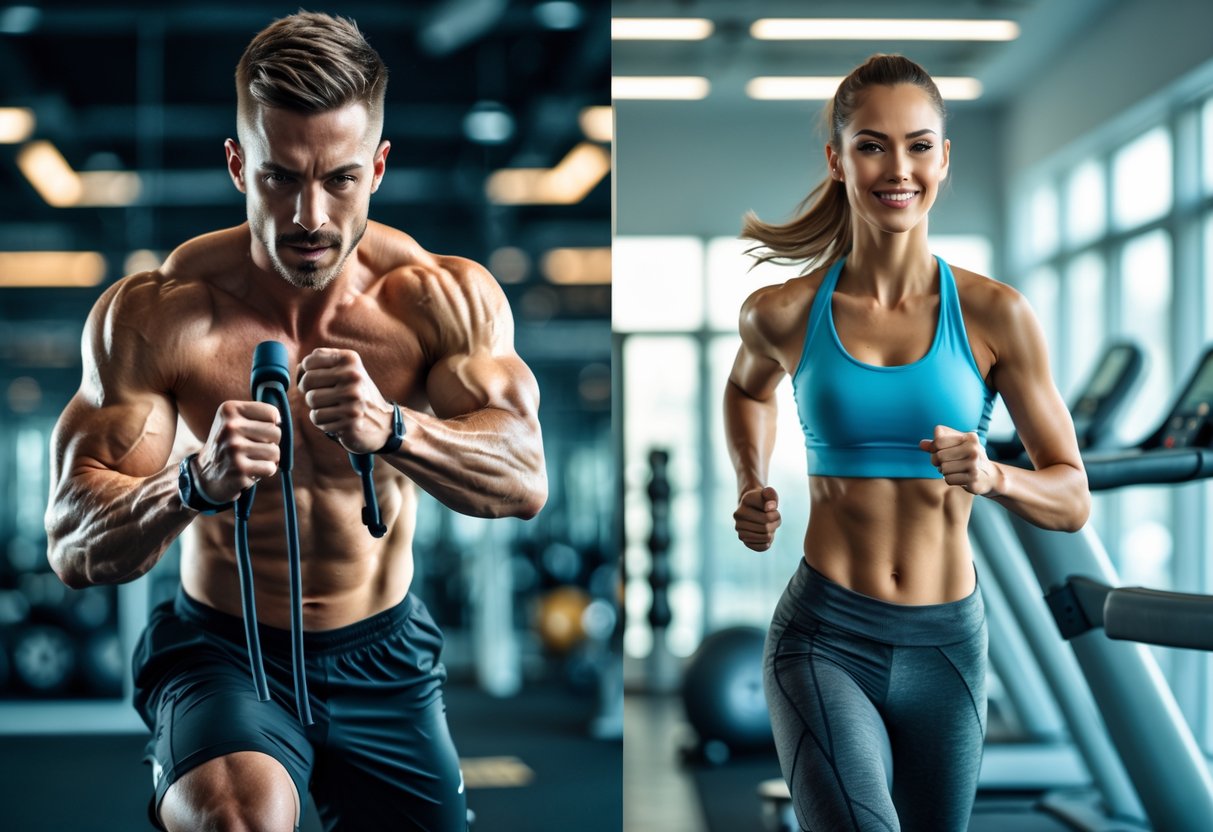 A split image showing a man doing high-intensity cardio exercises on one side and a woman doing steady-state cardio on the other side in a gym.