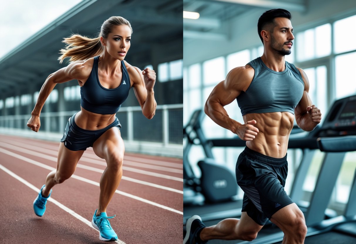 A woman sprinting outdoors and a man jogging steadily on a treadmill indoors, both exercising intensely.