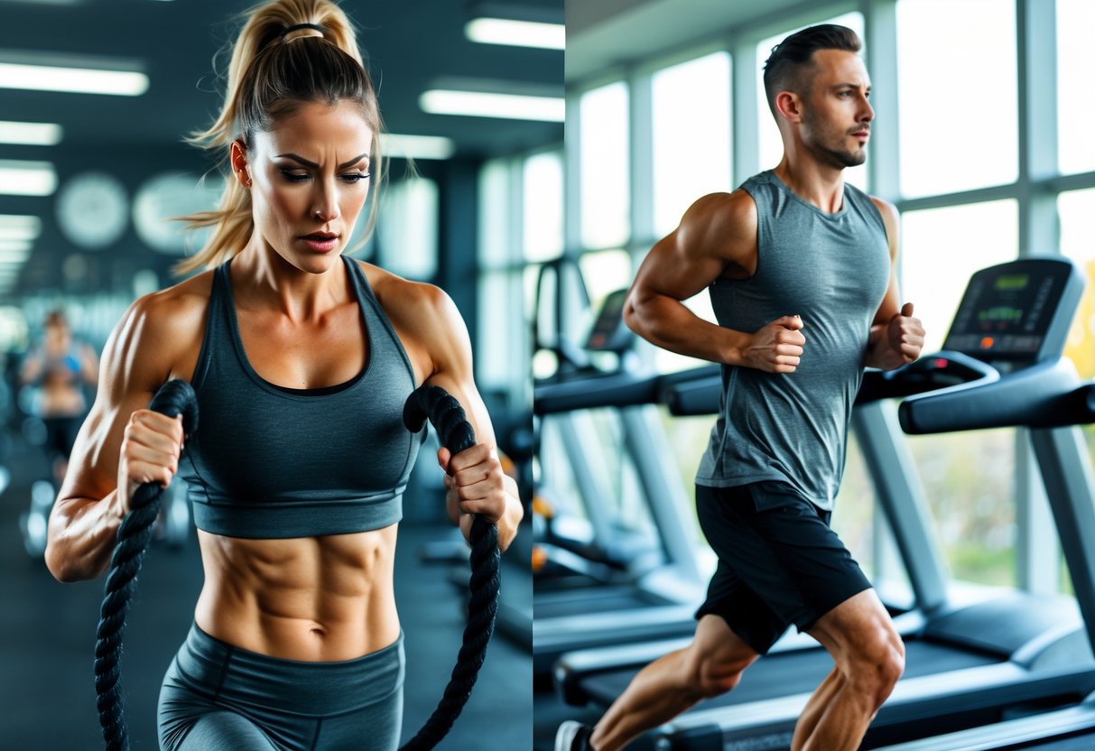 Two people exercising side by side in a gym, one doing battle ropes and the other jogging on a treadmill.