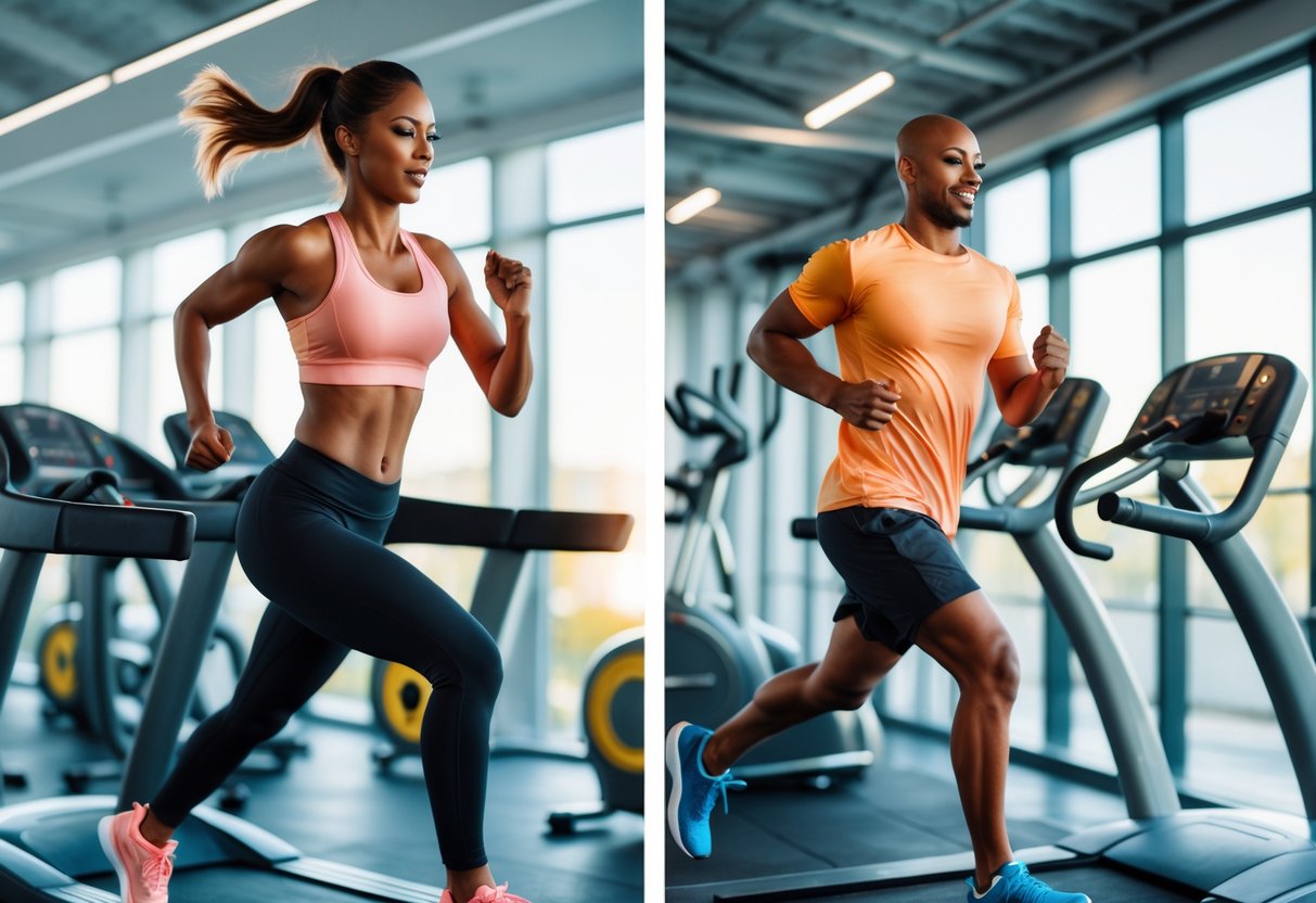 Two people exercising side by side in a gym, one doing intense treadmill intervals and the other jogging steadily on an elliptical machine.