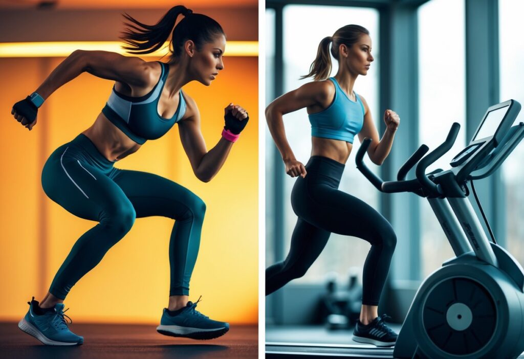 Side-by-side split image comparing HIIT and steady-state cardio. On one side, a person sprinting or doing jump squats in athletic wear with intensity. On the other side, a person jogging or rowing calmly outdoors or on a machine. Modern, energetic, with warm lighting and clear motion contrast.