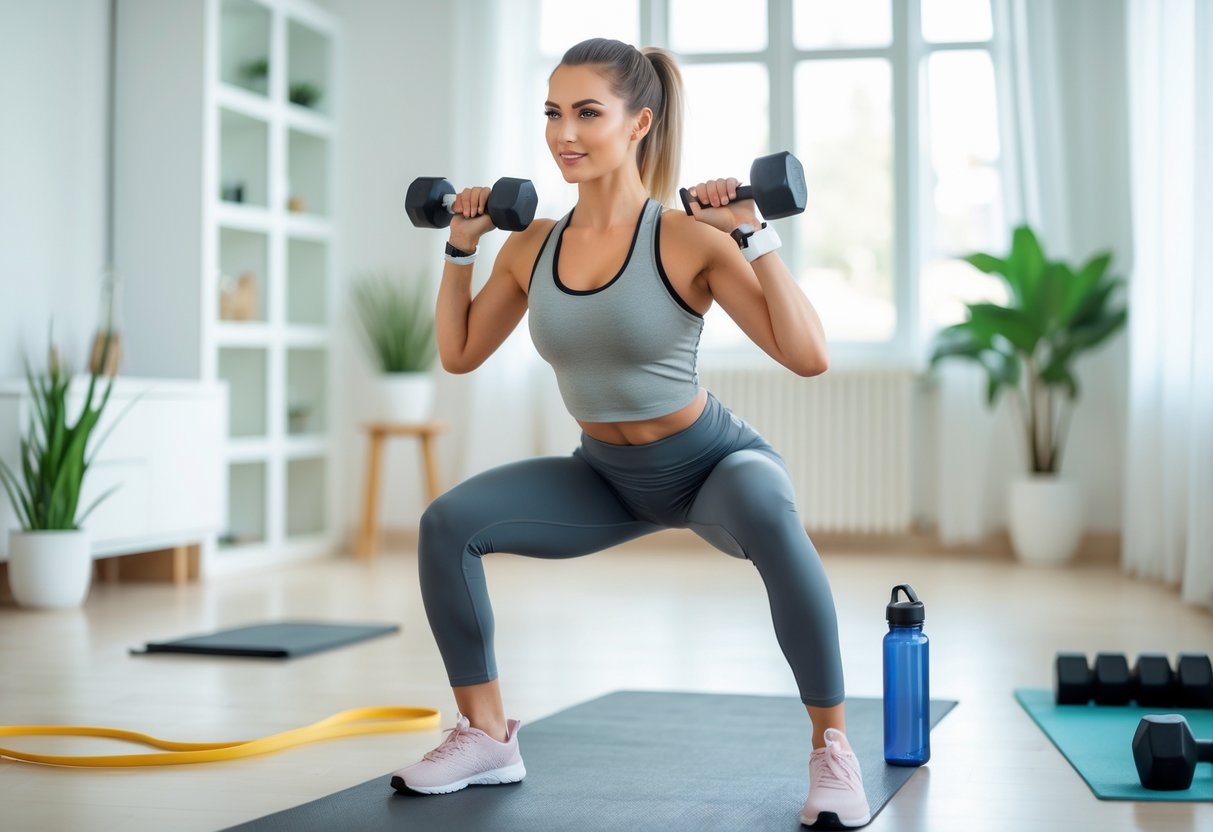 A young woman exercising in a bright living room using dumbbells and bodyweight movements.