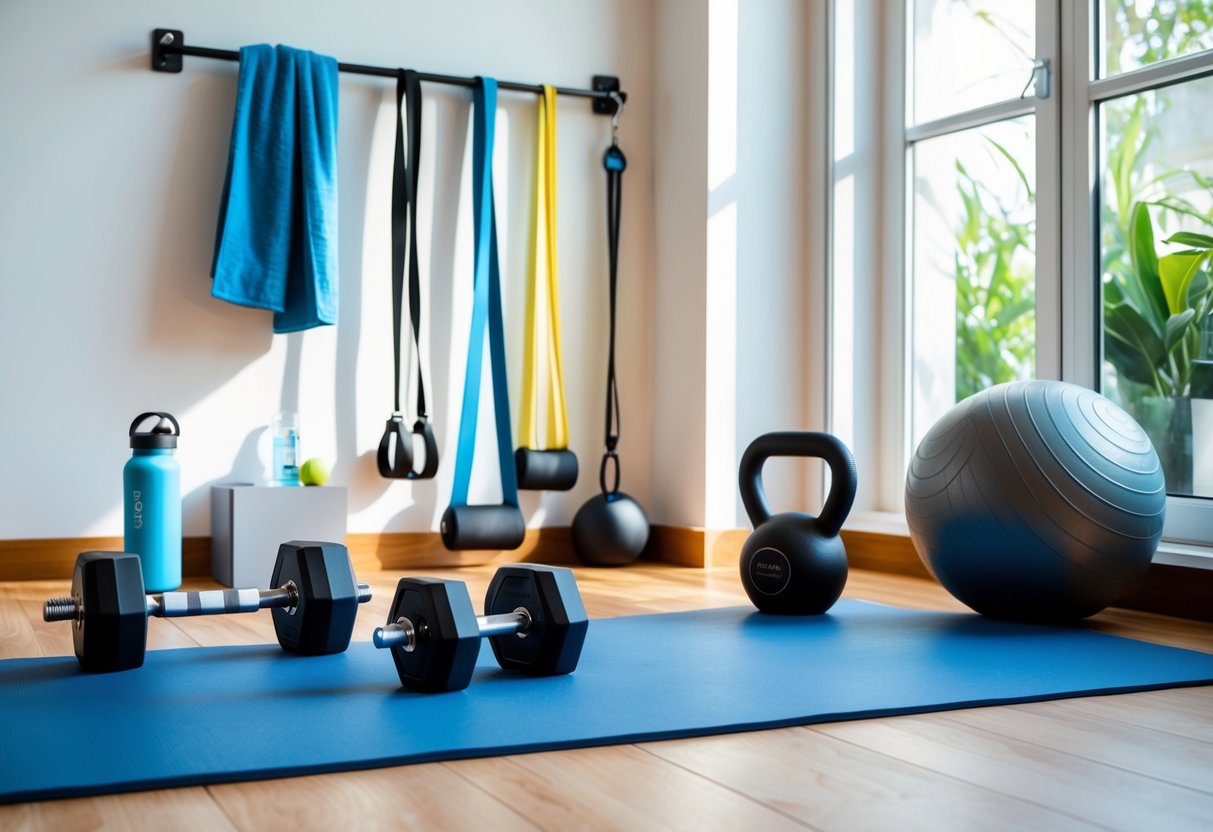 A well-organized home workout area with a yoga mat, dumbbells, resistance bands, kettlebell, and stability ball near a window with natural light.