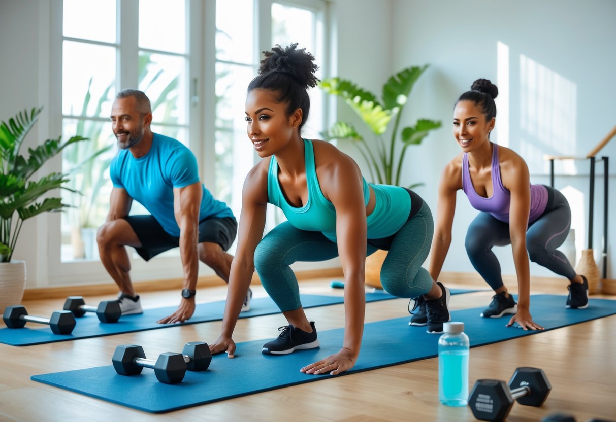 Three adults exercising together at home performing various bodyweight exercises on yoga mats in a bright room.