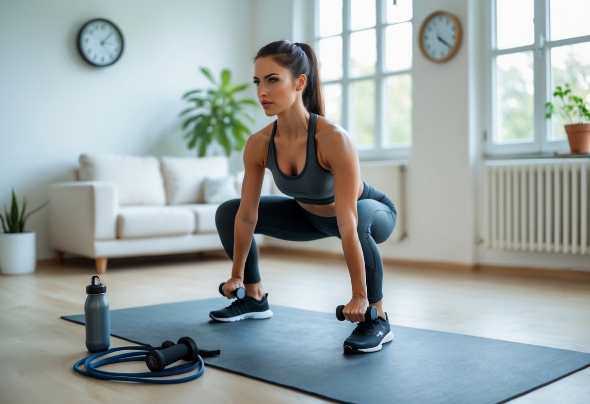 A young woman exercising at home, doing bodyweight squats and push-ups on a yoga mat in a bright living room.