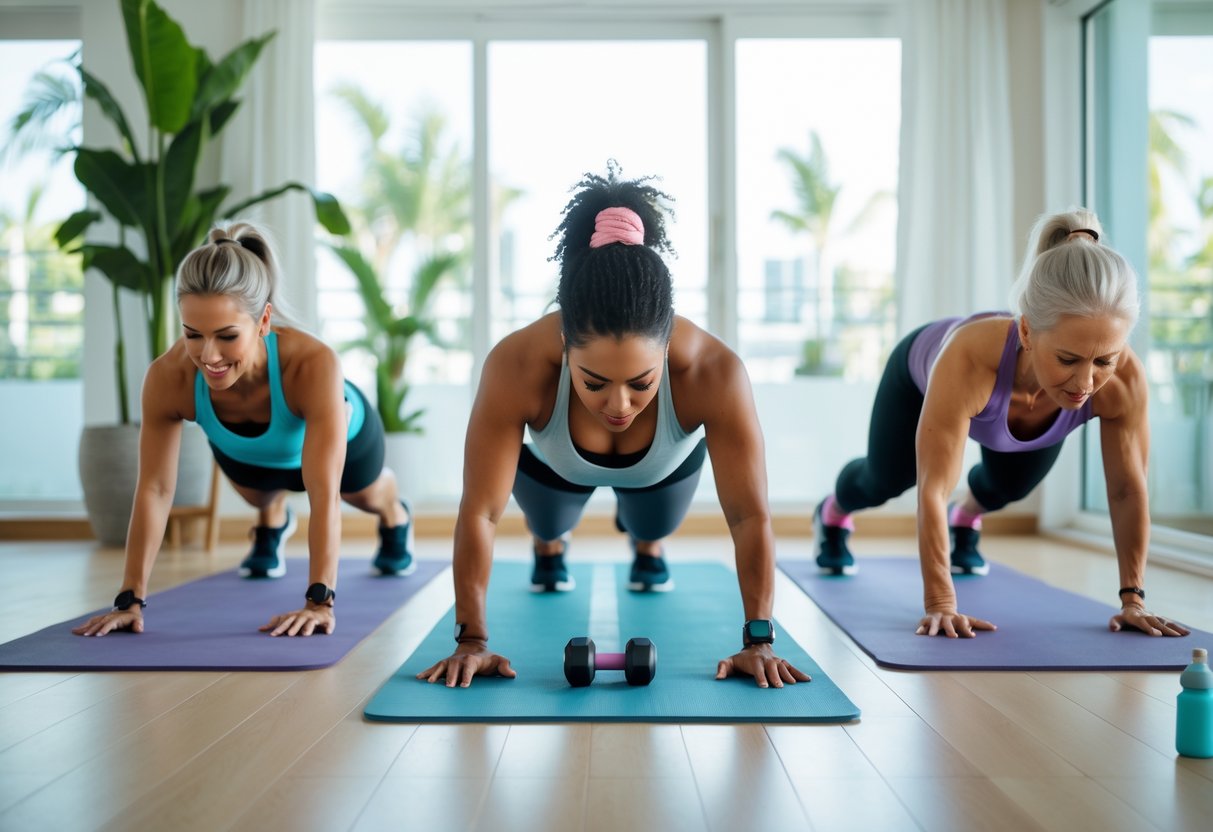 Three adults exercising at home performing different full-body workouts adapted to their fitness levels.