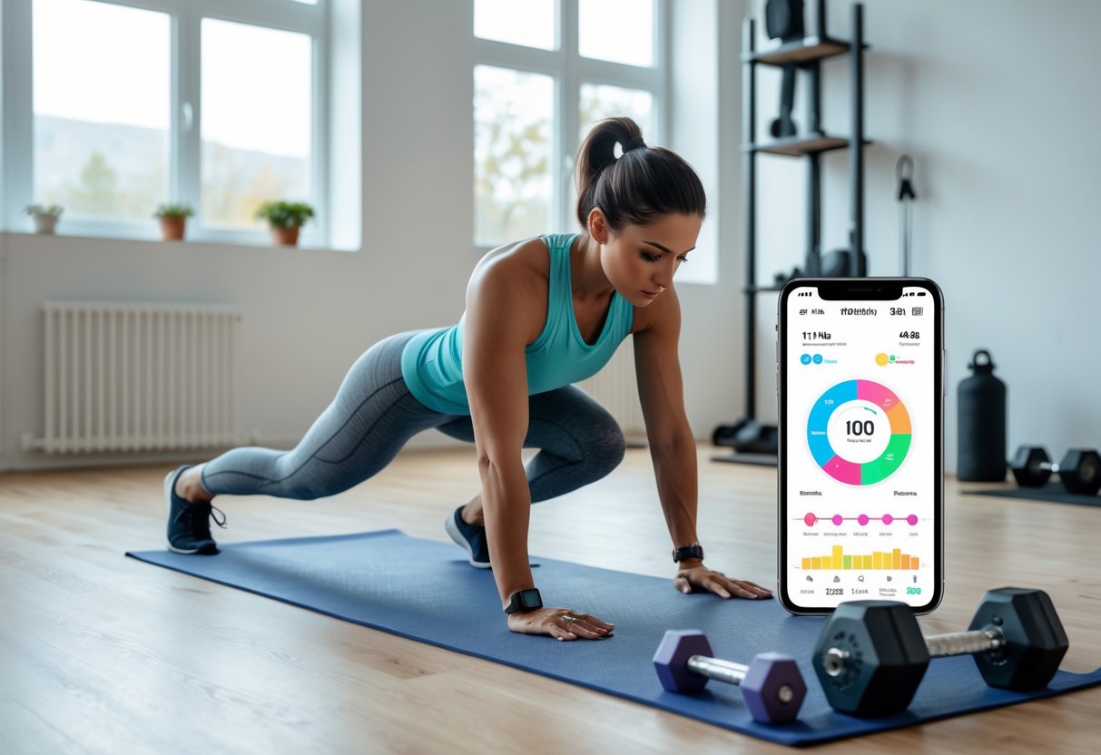 A person exercising on a yoga mat at home with workout equipment and a tablet showing progress charts nearby.