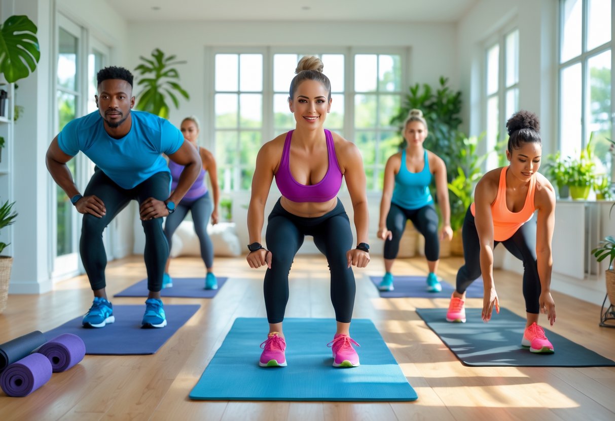 A diverse group of people exercising Full-Body Workout Routine together in a bright home, doing push-ups, squats, lunges, and planks without gym equipment.