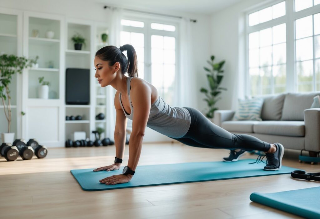 A clean and motivational image of a person doing a home workout (like push-ups or squats) in a bright living room. Include visible workout gear like dumbbells, resistance bands, and a mat. Emphasize space-saving, minimal setup with a focused expression and strong posture.