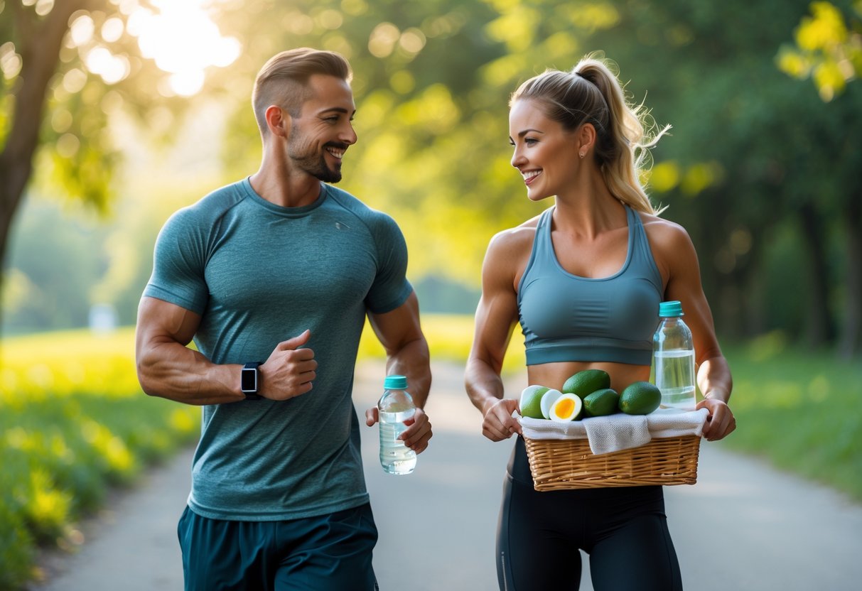 A fit man and woman in athletic clothing outdoors with keto-friendly foods and fitness gear preparing for a cardio workout in a green park.