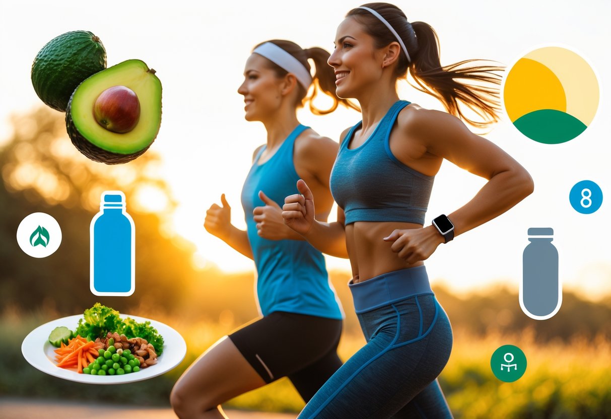 A fit man and woman jogging outdoors in sunrise light, surrounded by icons or overlays of avocados, water bottles, fitness tracker, and a low-carb meal plate – health-focused, energetic, minimal clean background.