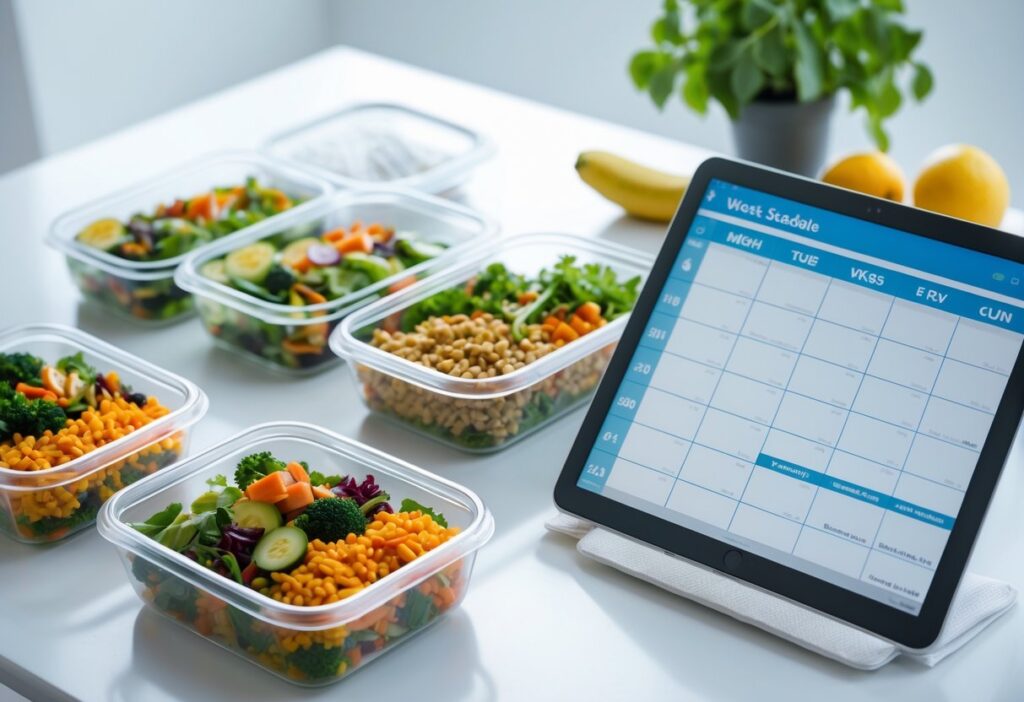 A meal prep table with labeled containers for 7 days and a digital planner showing a weekly schedule
