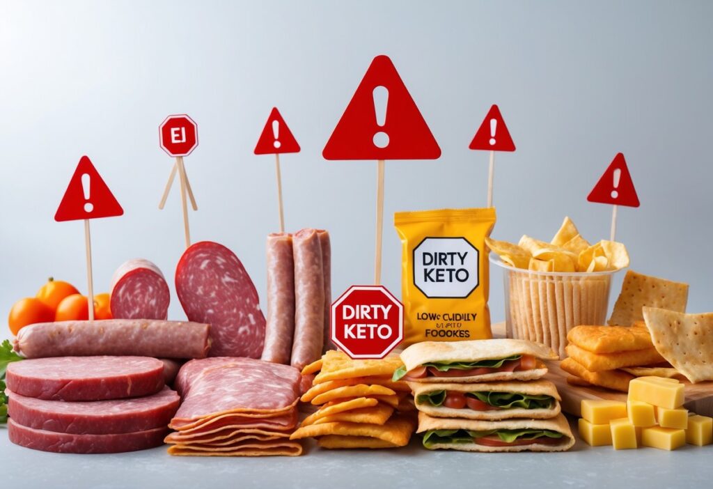 Visual warning signs over unhealthy "keto" foods (processed meats, dirty keto snacks), and a checklist of what to avoid