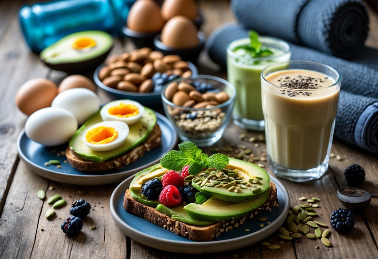 Flat lay of multiple pre-workout meals on a wooden table, including boiled eggs, avocado toast, protein smoothies, berries, almonds, and coffee, with fitness gear like a water bottle and gym towel in the background – vibrant, high-contrast, health-focused.