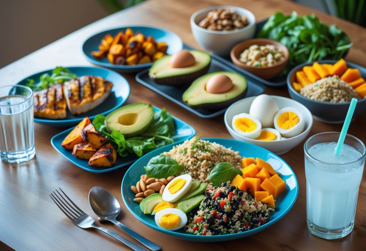 After workout meal, a table with a variety of healthy post-workout meals including grilled chicken, avocado, leafy greens, sweet potatoes, boiled eggs, quinoa salad, nuts, cheese, a glass of water, and a protein shake.