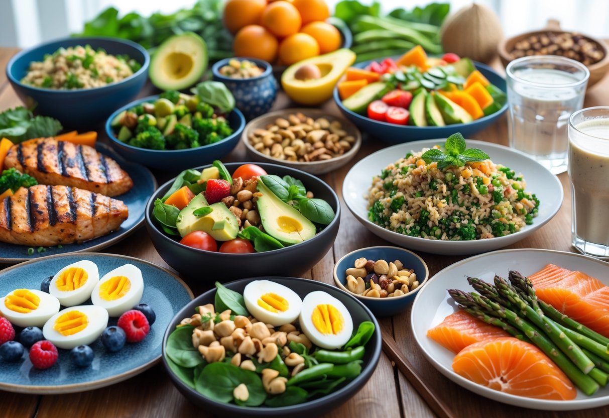 A variety of healthy post-workout meals including grilled chicken, vegetables, quinoa salad, avocado, boiled eggs, nuts, berries, and keto-friendly dishes arranged on a wooden table with a glass of water and protein shake.
