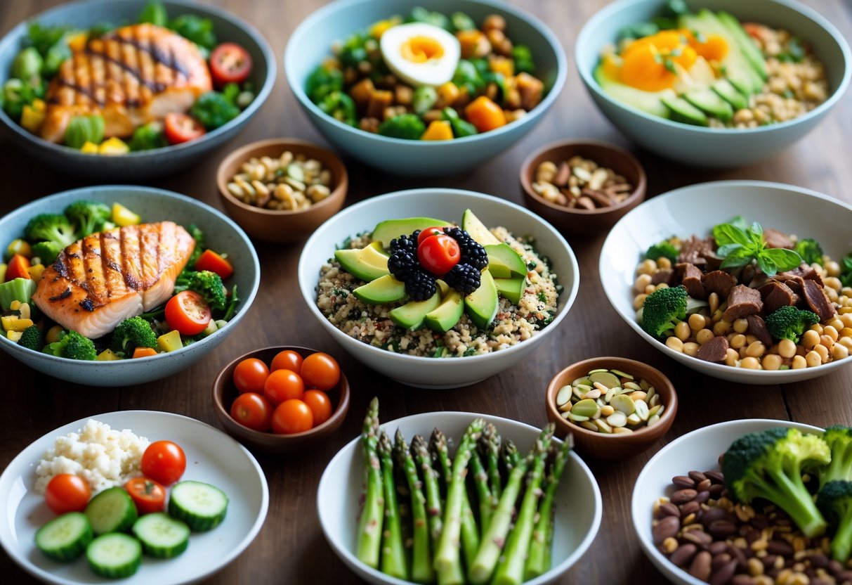 Nine different healthy recovery meals including grilled chicken, avocado salad, quinoa bowl, smoothie bowl, salmon with asparagus, chickpea salad, cottage cheese with vegetables, beef stir-fry, and mixed nuts arranged on a wooden table.