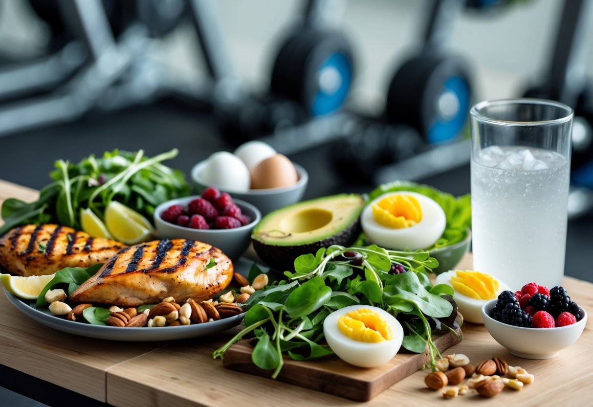 A table with keto-friendly post-workout meals including grilled chicken, avocado, boiled eggs, leafy greens, nuts, berries, a glass of water with lemon, and a protein shake, with gym equipment blurred in the background.