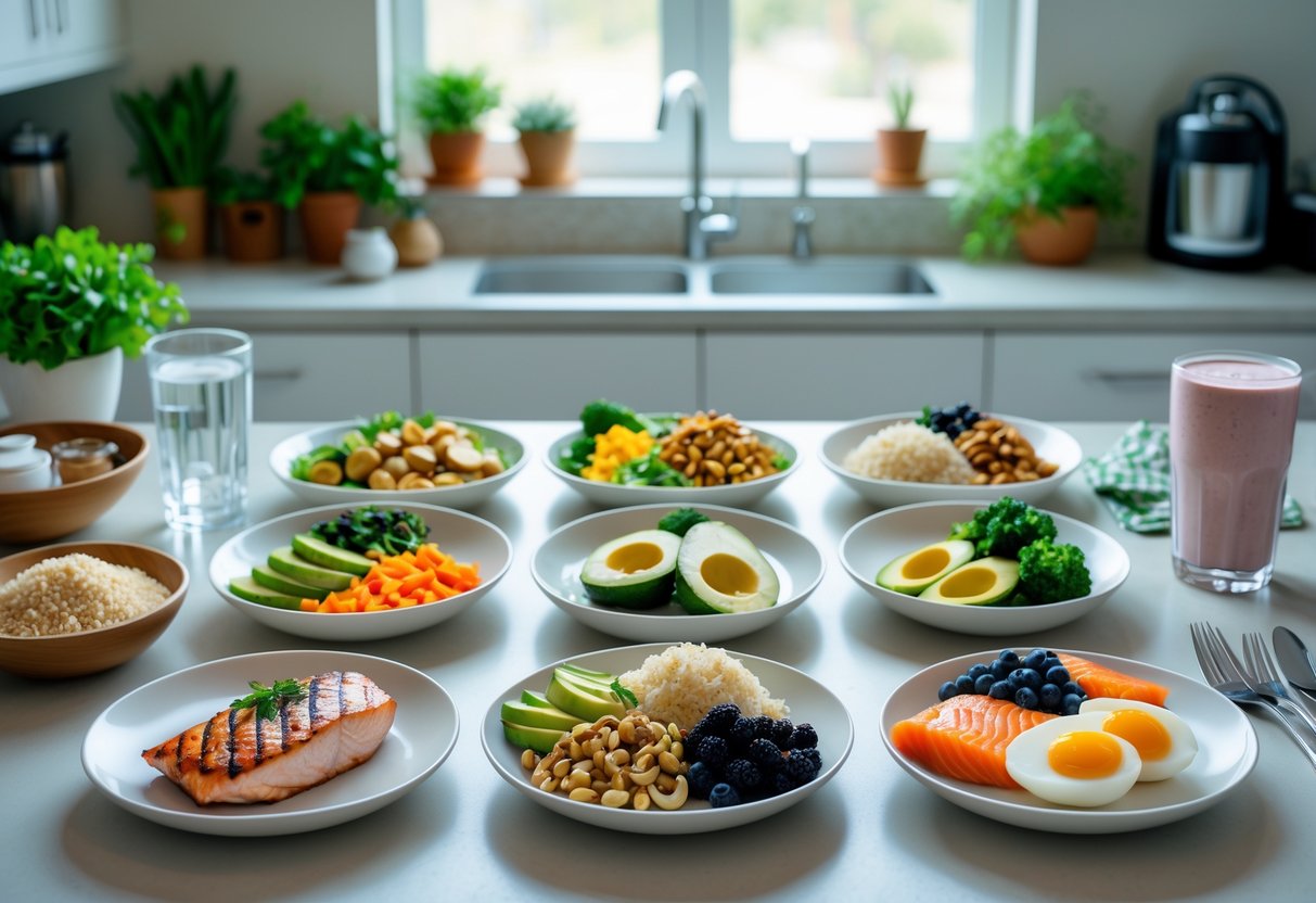 A kitchen counter with nine different healthy post-workout meals including grilled chicken, vegetables, quinoa, avocado, nuts, berries, eggs, cauliflower rice, and salmon, along with a glass of water and a protein shake.