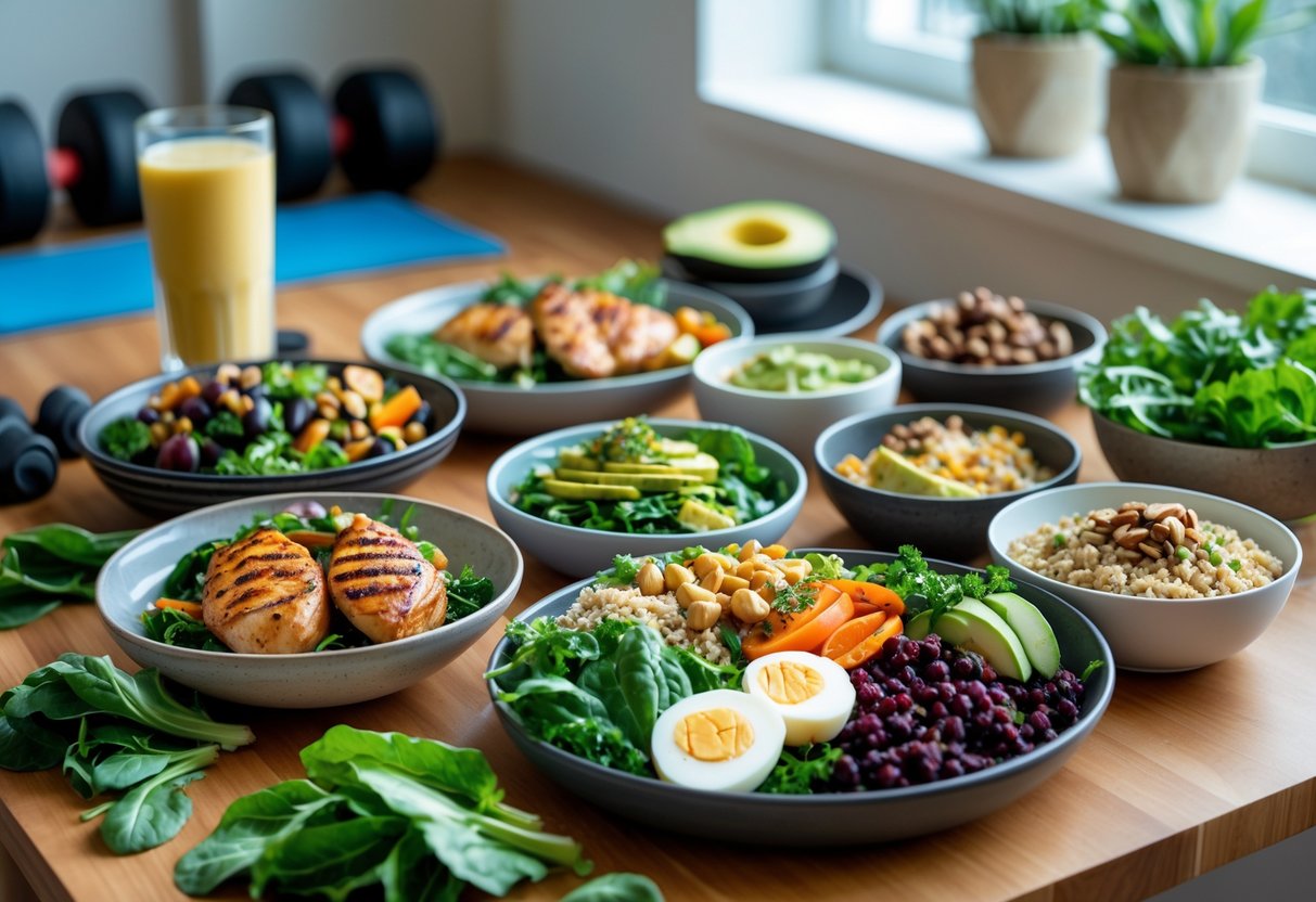 A table with various healthy post-workout meals including grilled chicken, vegetables, quinoa, avocado, boiled eggs, and a protein shake in a bright kitchen setting.