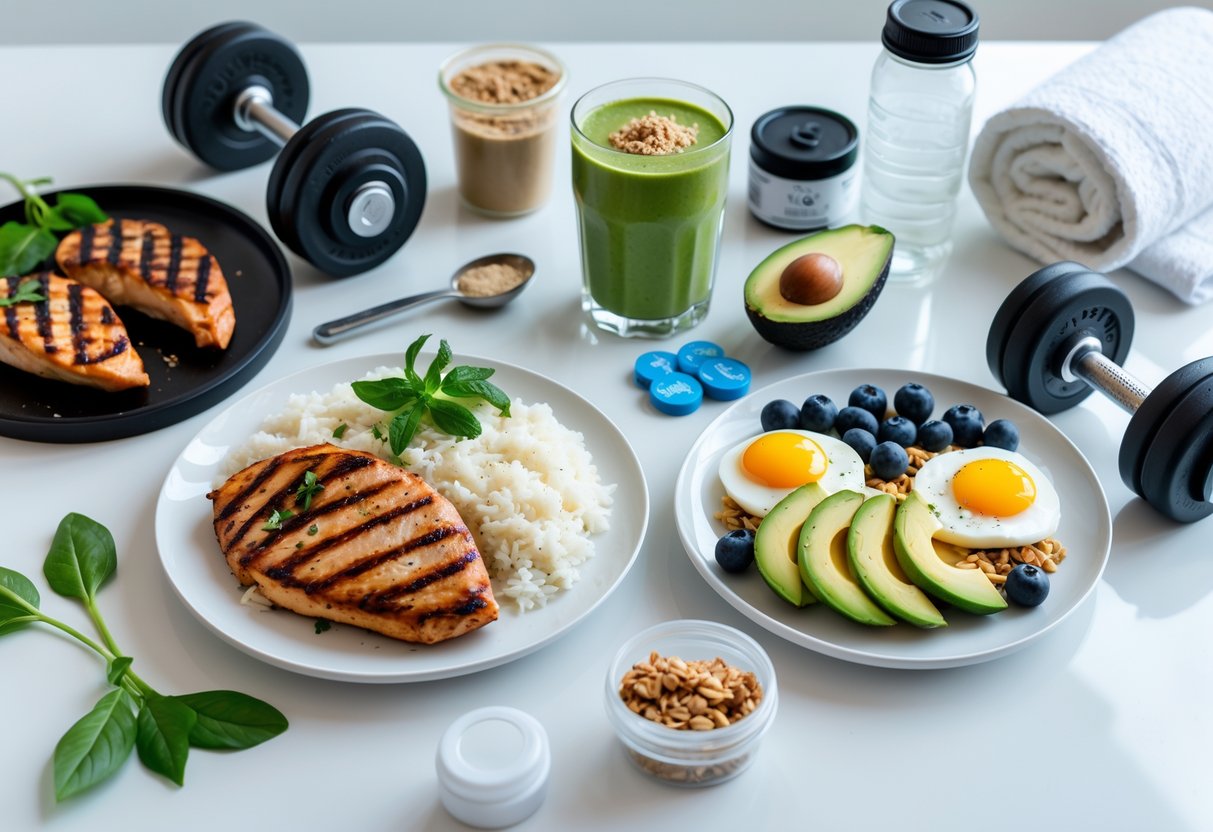 Flat lay of post-workout recovery meals on a white countertop, including grilled chicken and rice, keto smoothie, eggs and avocado, Greek yogurt parfait, and supplements like protein powder and electrolytes — with gym gear like dumbbells, towel, and water bottle in the background. Bright, high-resolution, health-focused aesthetic.