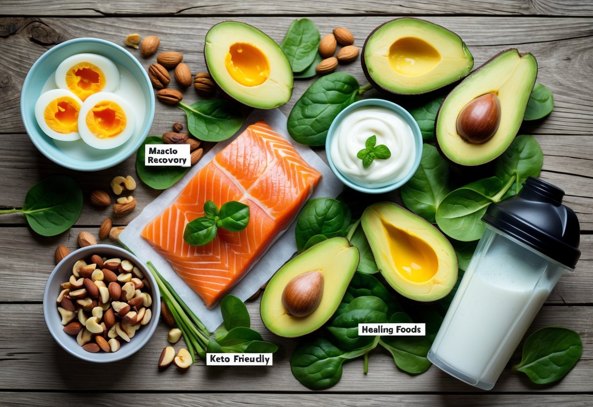 Flat lay of healthy recovery foods including salmon, eggs, avocados, Greek yogurt, nuts, spinach, and a shaker bottle, on a rustic wood background. Include labels for ‘Muscle Recovery’, ‘Keto-Friendly’, and ‘Healing Foods’. Bright, clean, wellness-focused style.