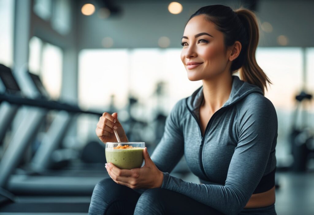 Person looking satisfied post-workout, holding a smoothie or healthy meal bowl, sitting in gym environment. Soft lighting, inspirational tone, blurred background with “Recovery Success” theme overlay.