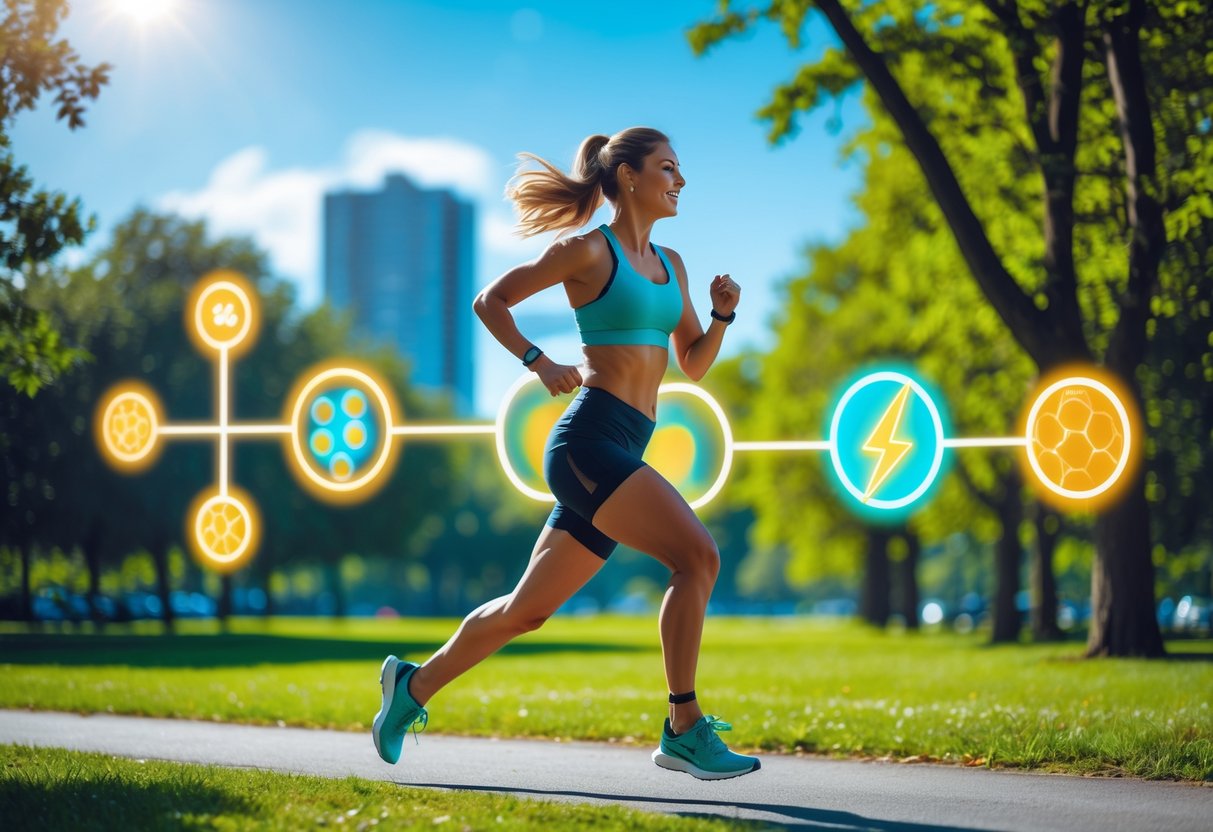 A fit woman wearing athletic wear running in a sunny park, with abstract glowing keto icons (like ketones, fat cells, and a lightning bolt) integrated into the background, symbolizing energy and fat burning. Bright, energetic, health-focused theme.