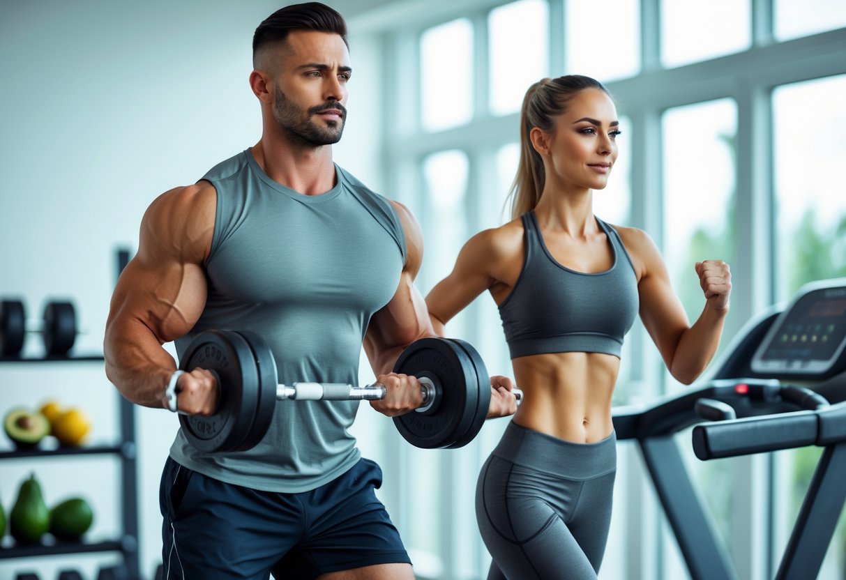 A man lifting dumbbells and a woman running on a treadmill in a bright gym with healthy food items in the background.