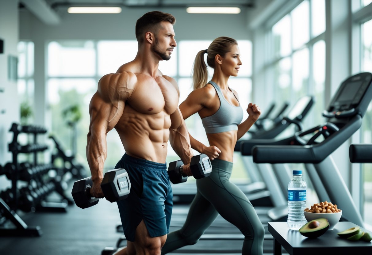 Find your best workout time, a fit man lifting dumbbells and a woman running on a treadmill in a bright gym with workout equipment and keto-friendly snacks on a table nearby.