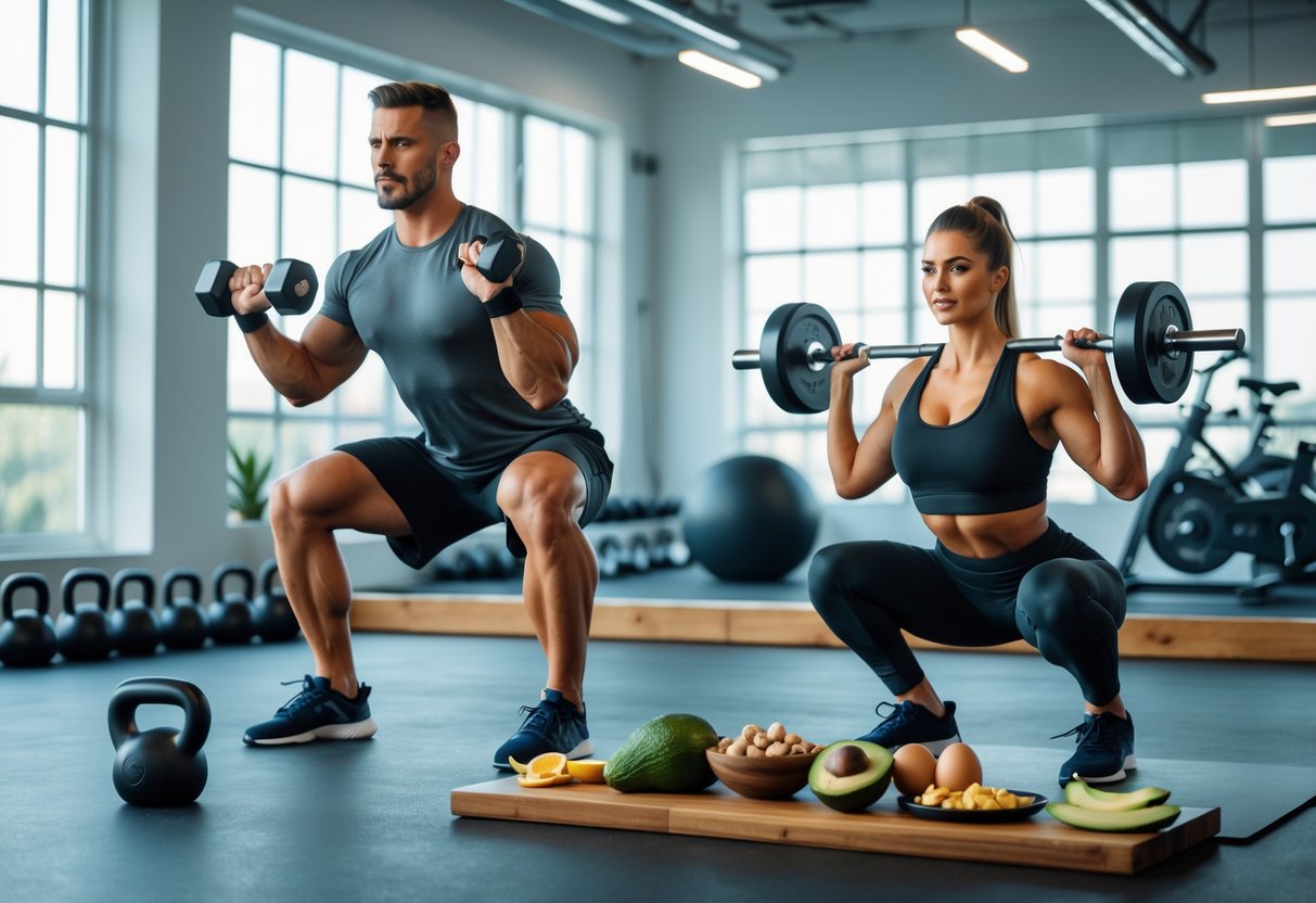 A fit man lifting dumbbells and a woman doing barbell squats in a bright gym with healthy foods on a table nearby.