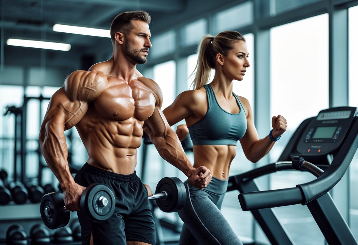 A man lifting weights and a woman running on a treadmill in a bright gym.