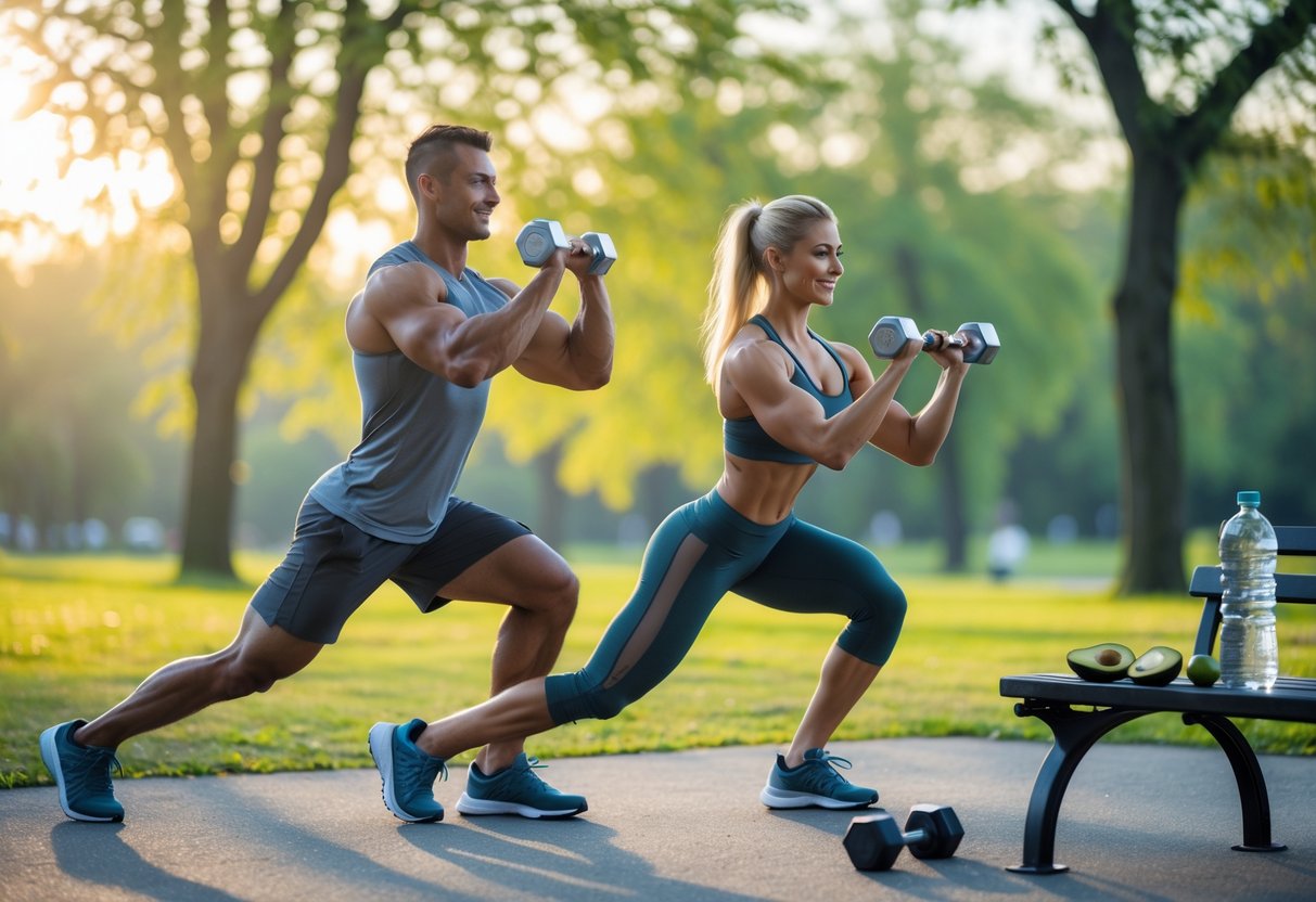 A man and woman exercising outdoors in a park during early morning light, with workout equipment and healthy snacks nearby.