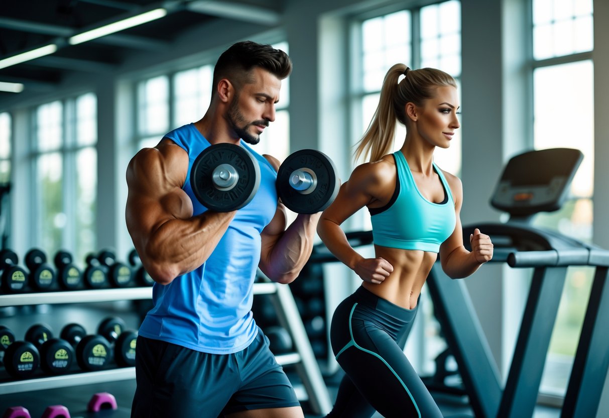 A man lifting dumbbells and a woman running on a treadmill in a bright gym with exercise equipment around them.